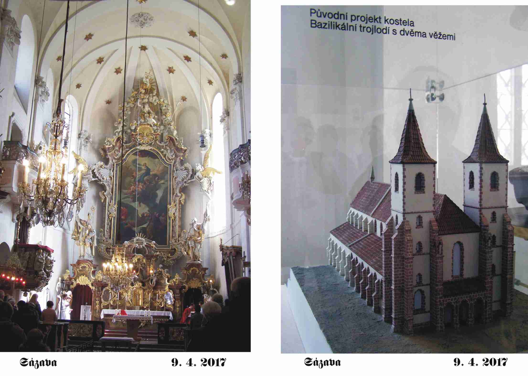 Model původního kostela a interiér současného kostela
