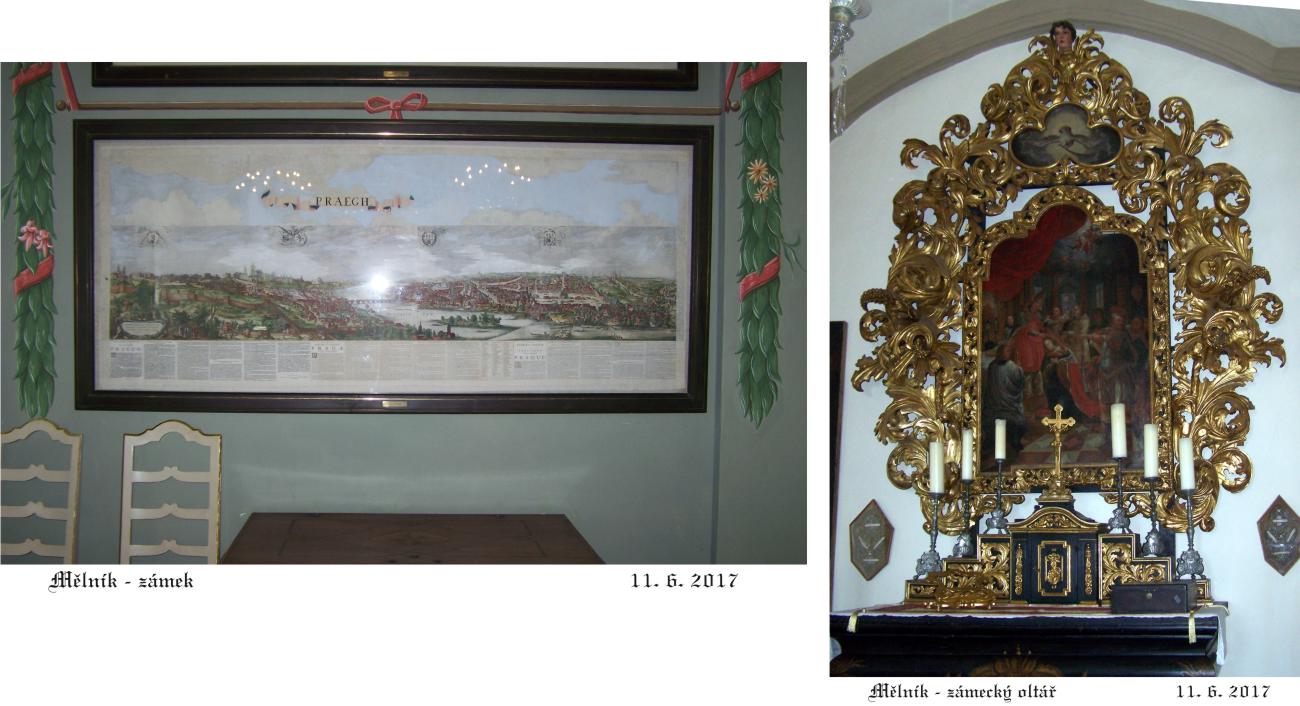 Zámecký interiér s oltářem a vedutou Prahy