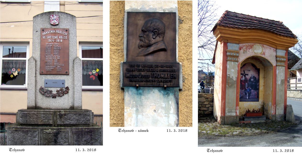 Drobné trhanovské památky, pomník obětem válek, výklenková kaplička a Thomayerova pamětní deska.