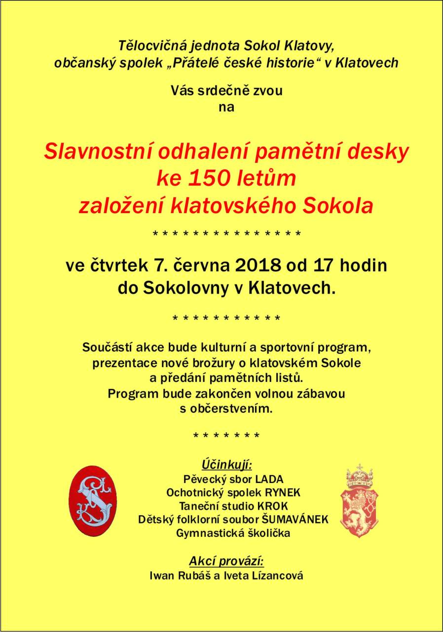 Pozvánka na slavnostní odhalení pamětní desky k 150 výročí klatovského Sokola.