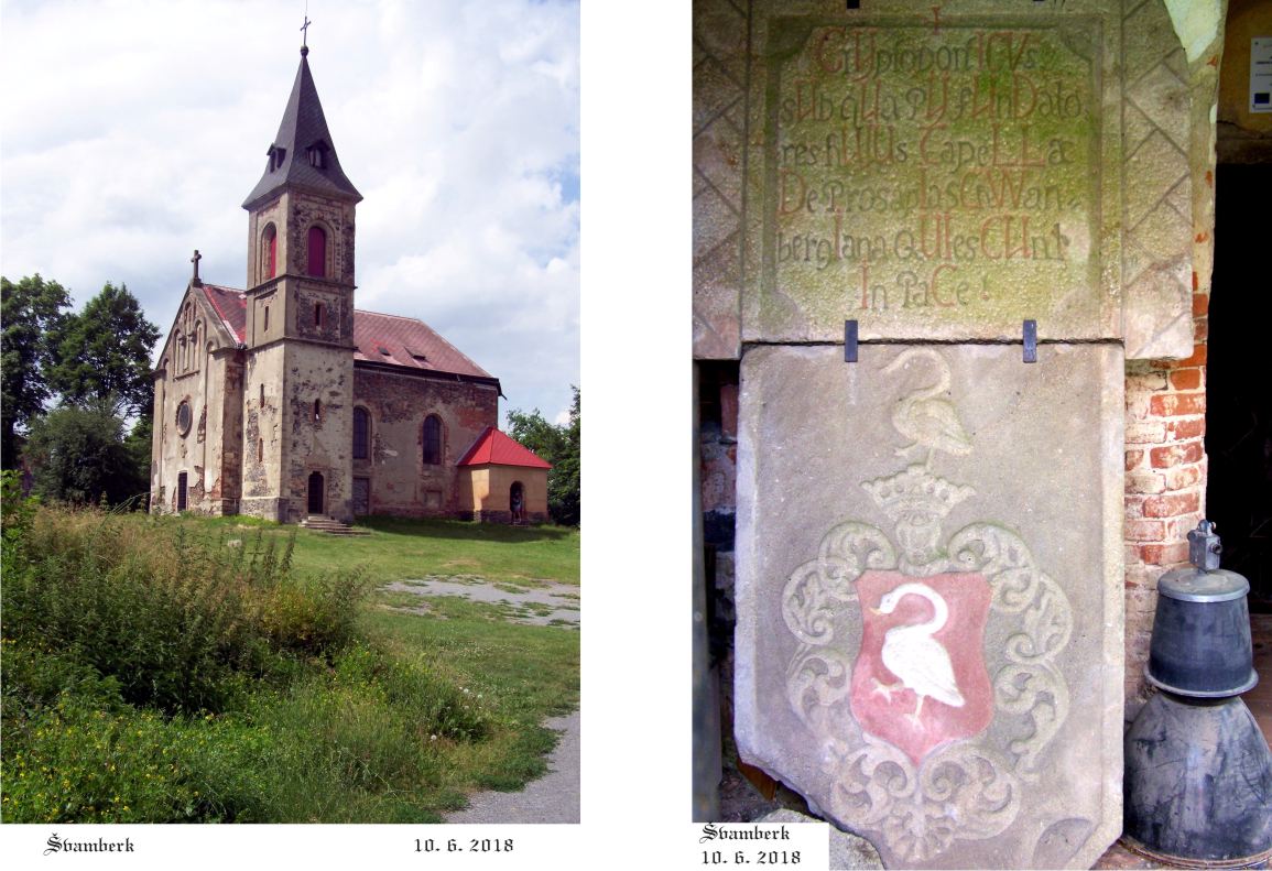 Kostel sv. Máří na Švamberku s deskou z vykradené rodové hrobky.