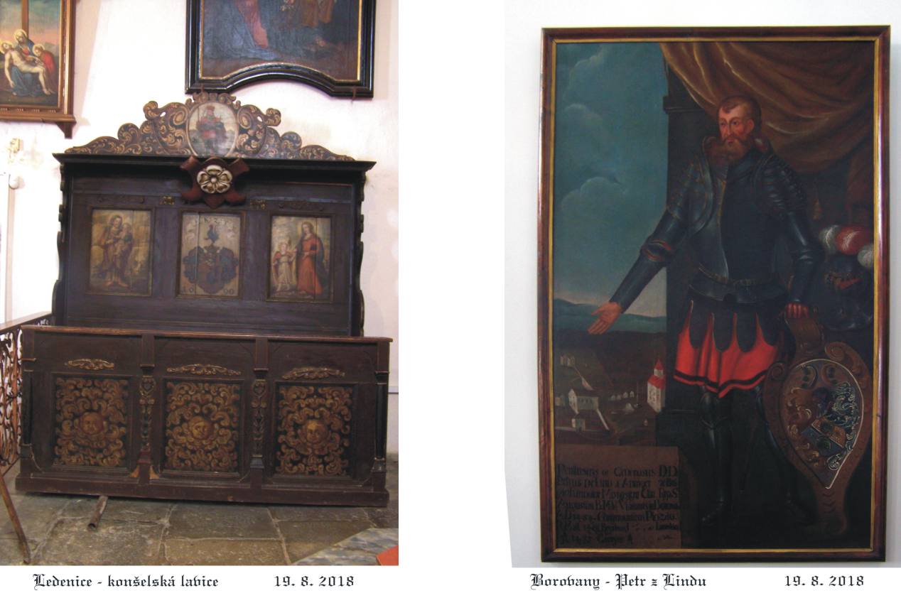 Dodatečné fota končelské lavice v ledenickém kostele a obraz Petra z Lindu v borovanském klášteře.