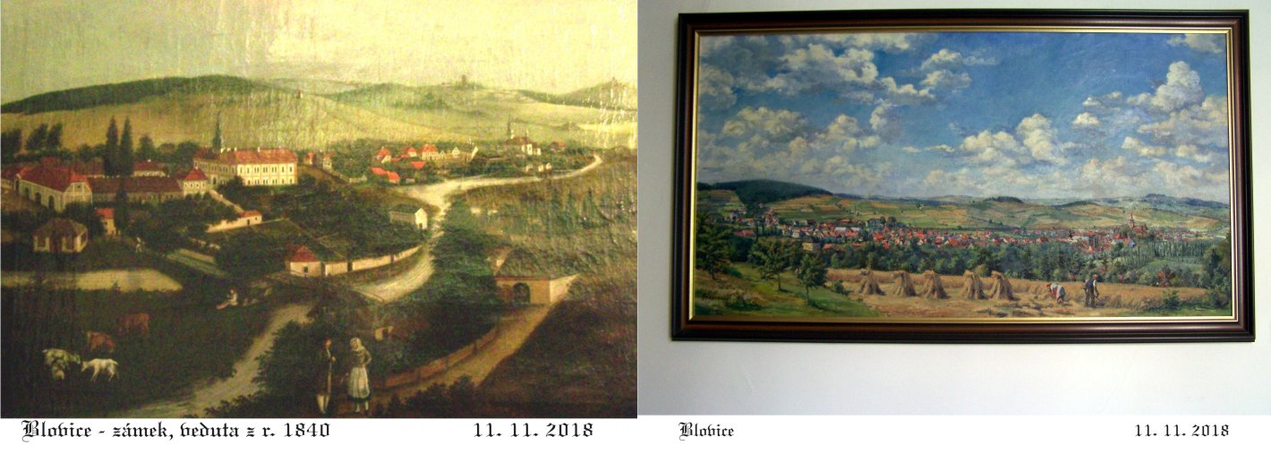 Dvě malířské vyobrazení Blovic a zámku.