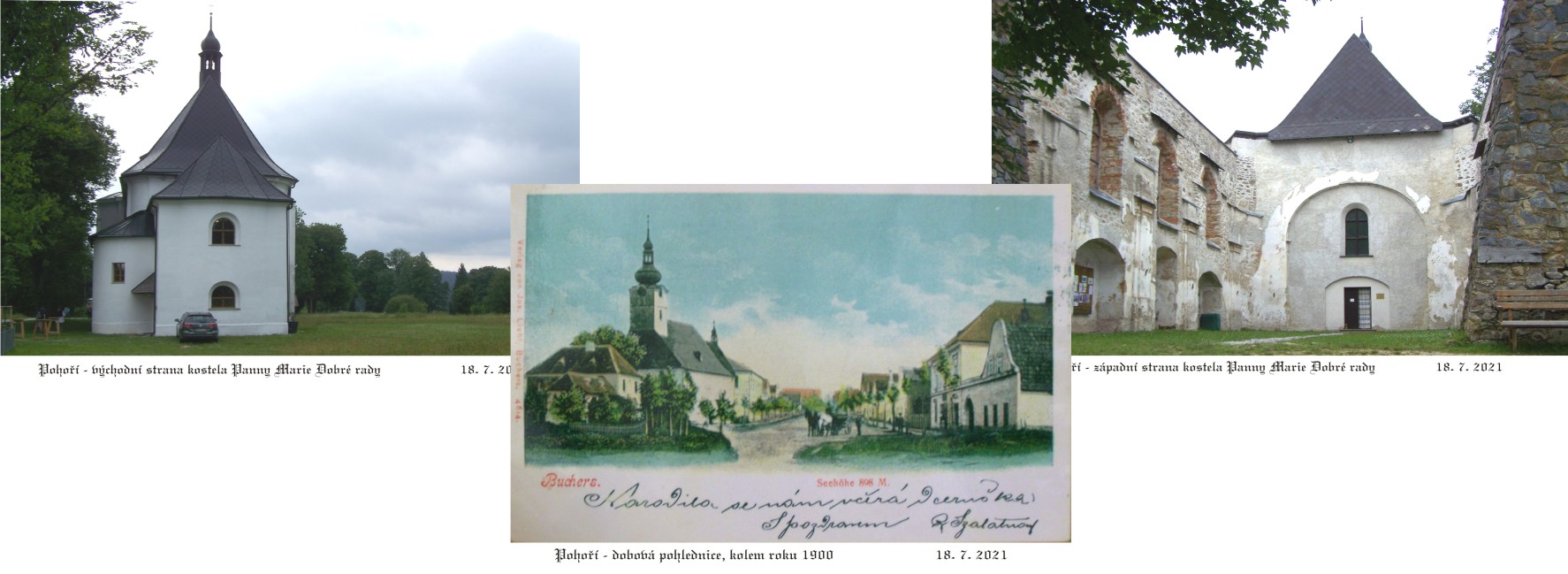 Pohoří - z části obnovený kostel a dobové vyobrazení obce.
