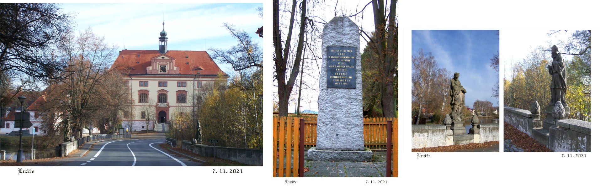 Lnářský zámek, pomník osvobození obce a svatí na mostě.