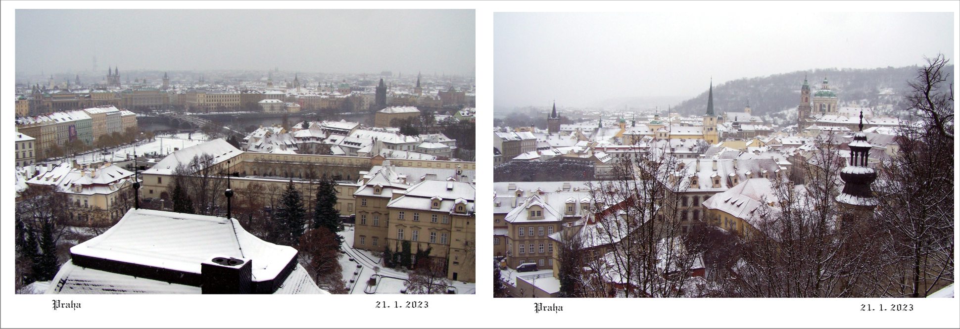 Pohled na zasněženou Prahu, Staré město a Malou Stranu.