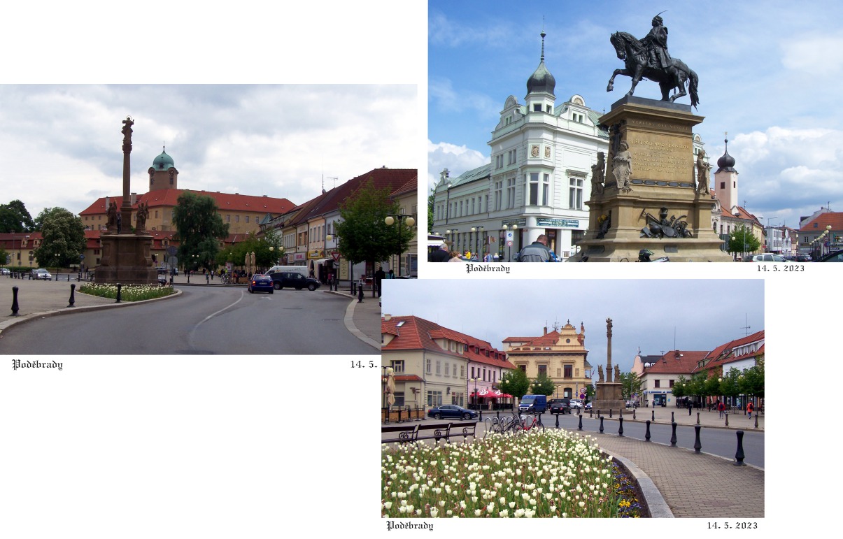 Poděbradské náměstí, to je hlavně pomník krále Jiřího z Poděbrad.
