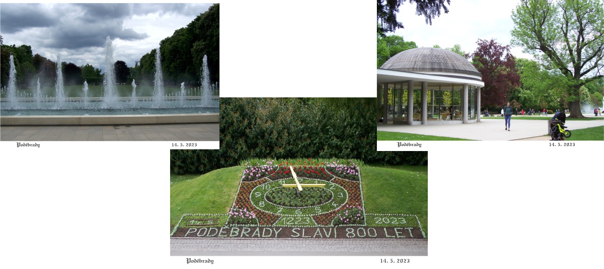 Lázeňský park s kolonádou a květinovými hodinami.