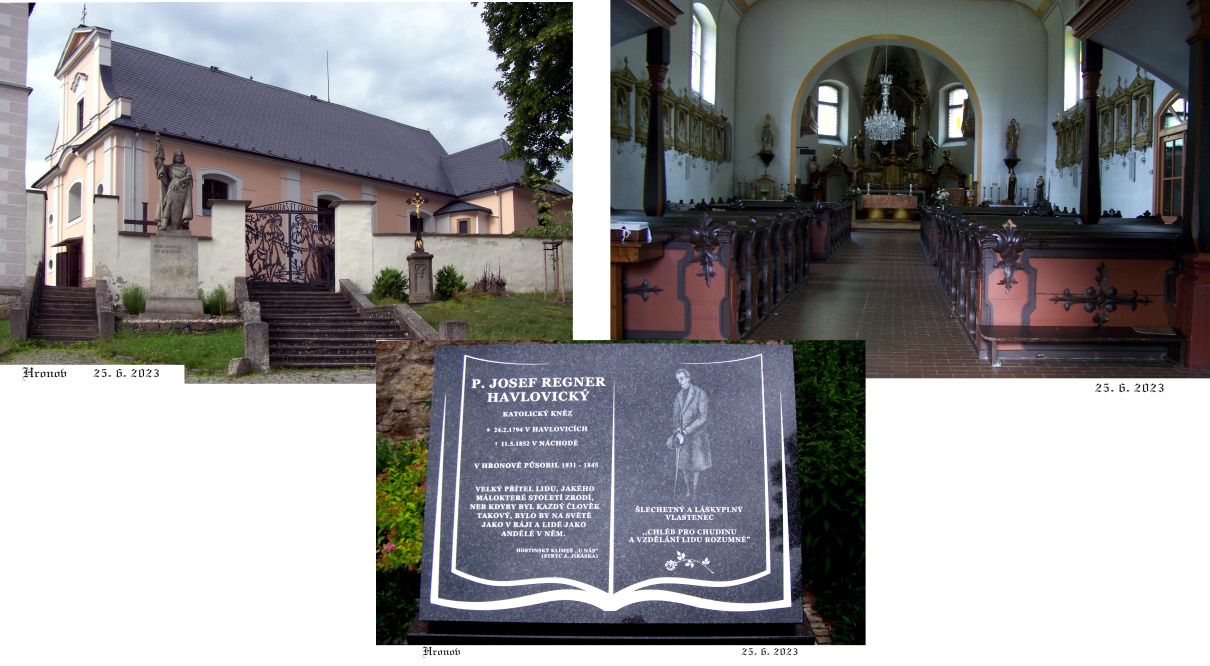 Hronov, okolí kostela a pamětní deska na faráře Regnera