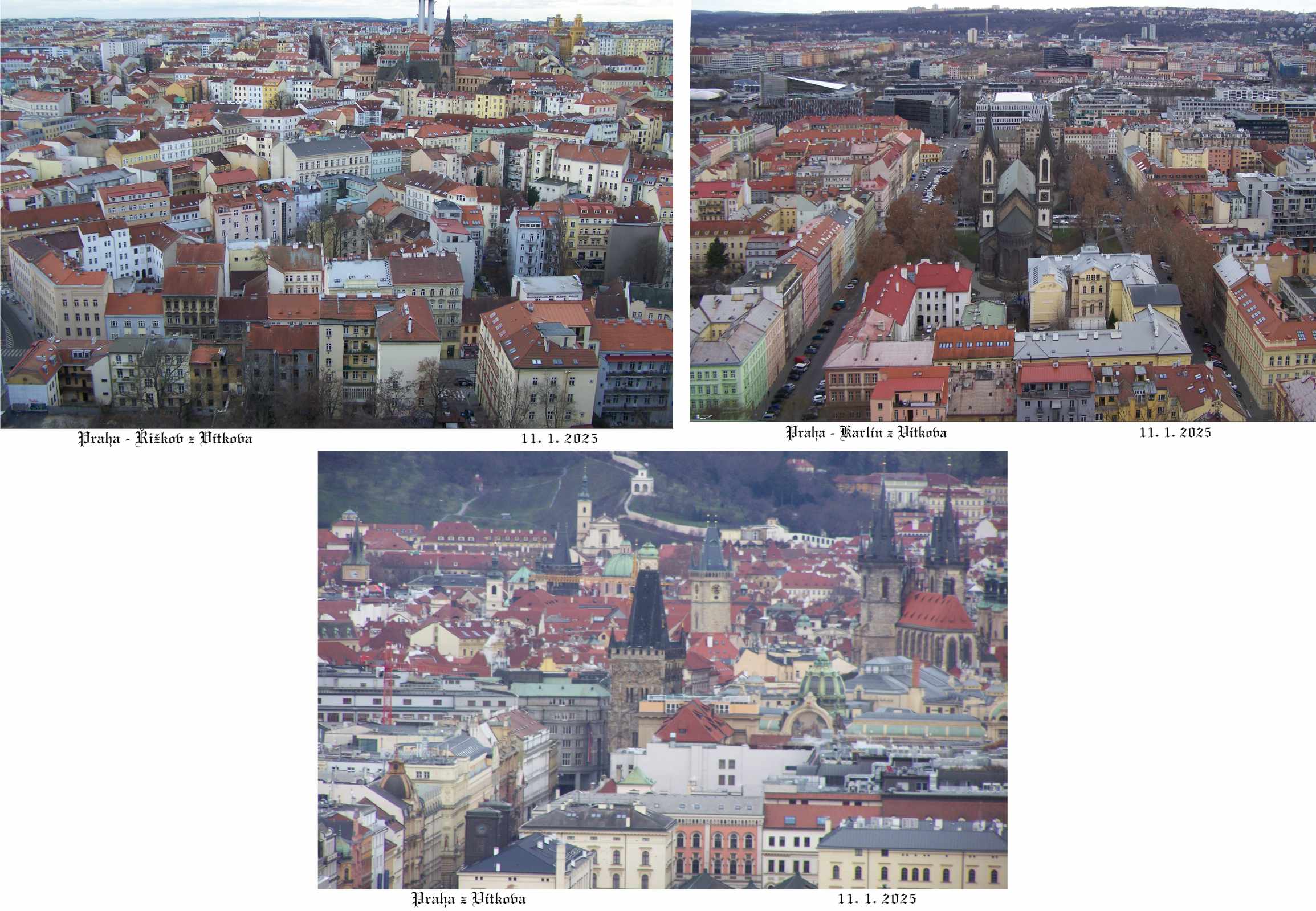 Pohled z vyhlídky na Žižkov, Staré město a Karlín.
