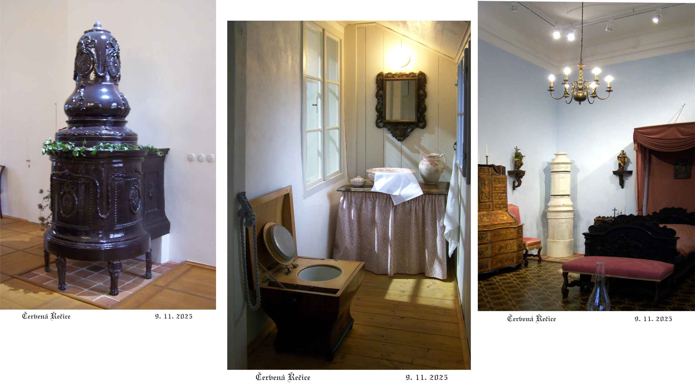 Zachovalá pokojová kamna a ve své době luxusní záchod.