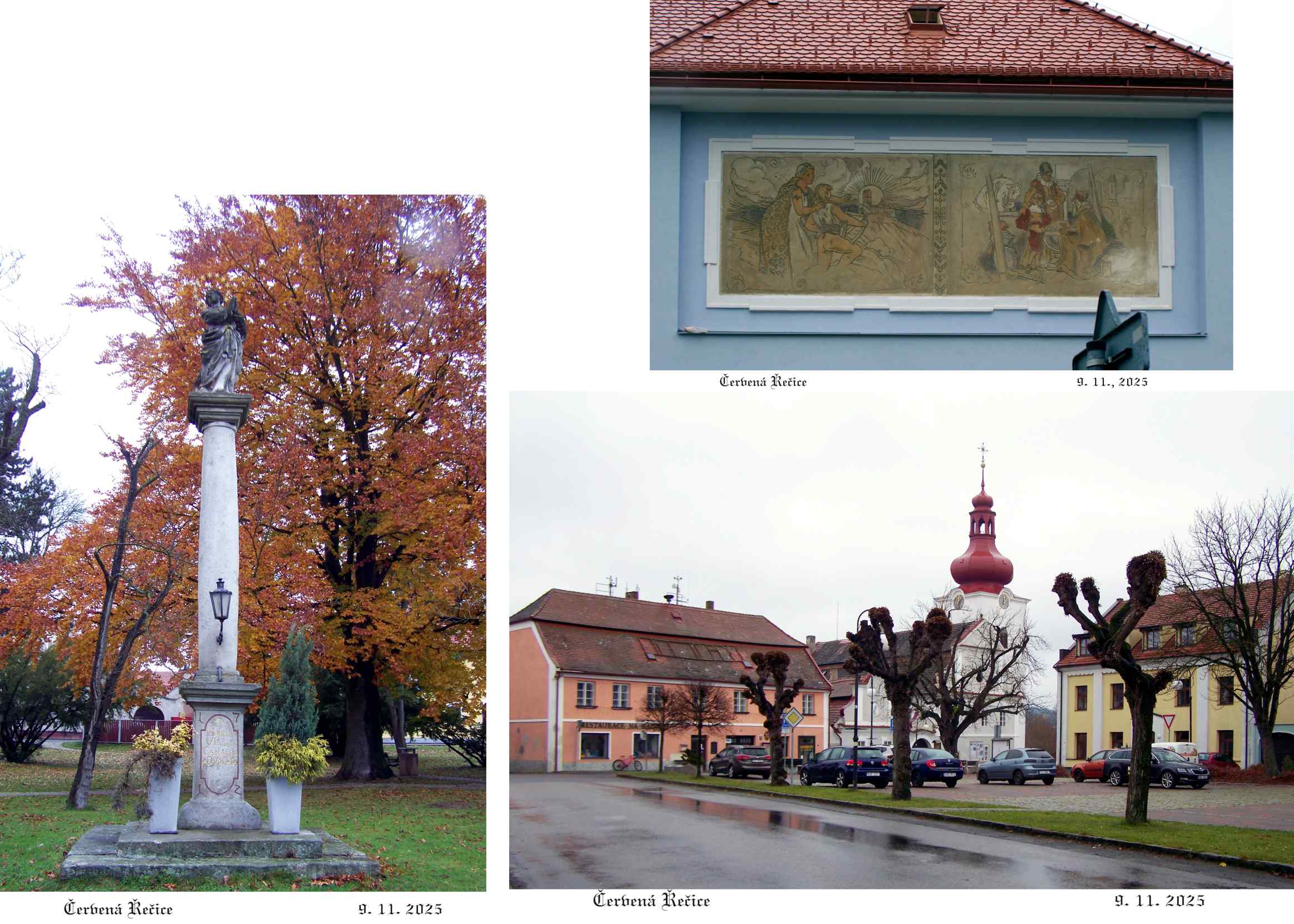 Kostel, fara, radnice, morový sloup a sgrafito na škole, to vše na náměstí.