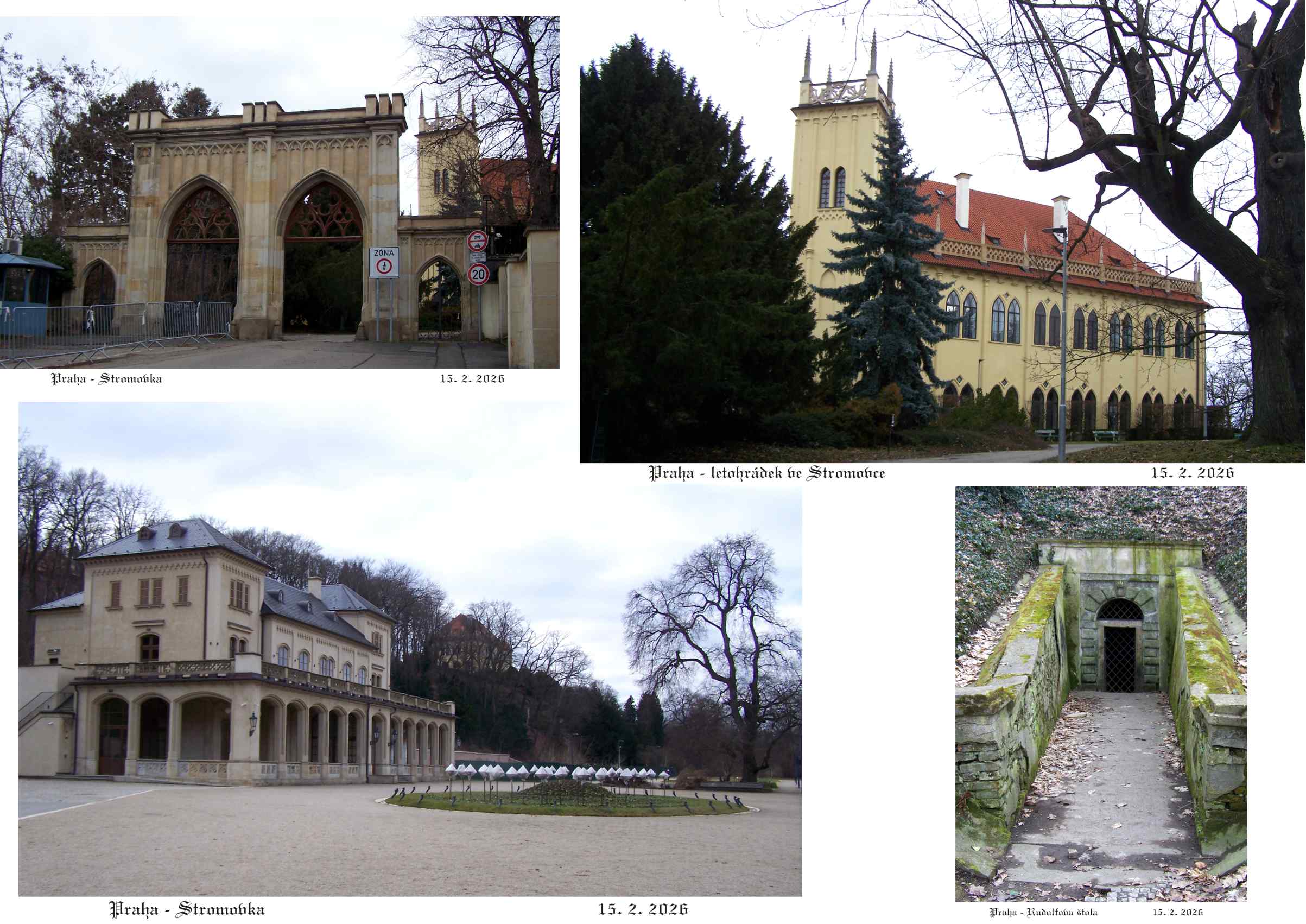 Stromovka -královský letohrádek, dvorana, brána a Rudolfova štola.