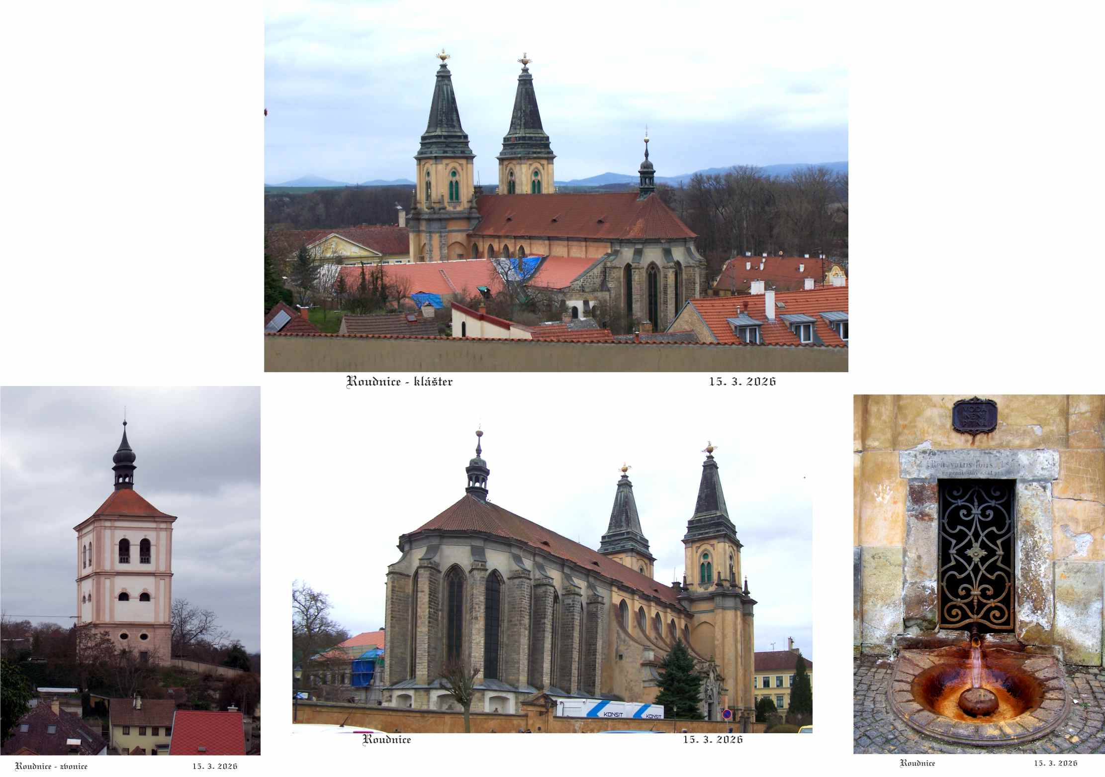 Roudnický klášter se zvonicí a rudným pramenem.